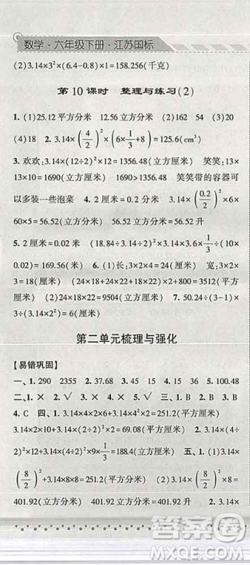 宁夏人民教育出版社2020春经纶学典课时作业六年级数学下册江苏版答案