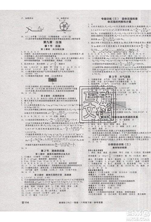 阳光出版社2020年全品作业本物理八年级下册新课标RJ人教版参考答案