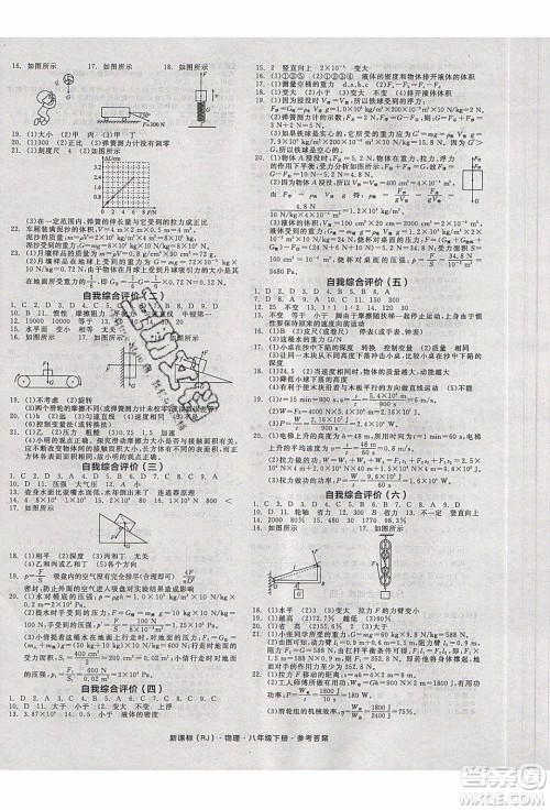 阳光出版社2020年全品作业本物理八年级下册新课标RJ人教版参考答案