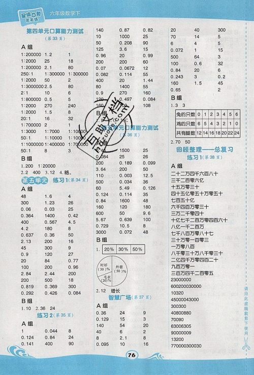 2020春荣德基小学系列星级口算天天练六年级下册数学青岛版参考答案 2020春荣德基小学系列星级口算天天练六年级下册数学青岛版参考答案