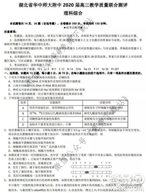 湖北省华中师大附中2020届高三教学质量联合测评理科综合试题及答案