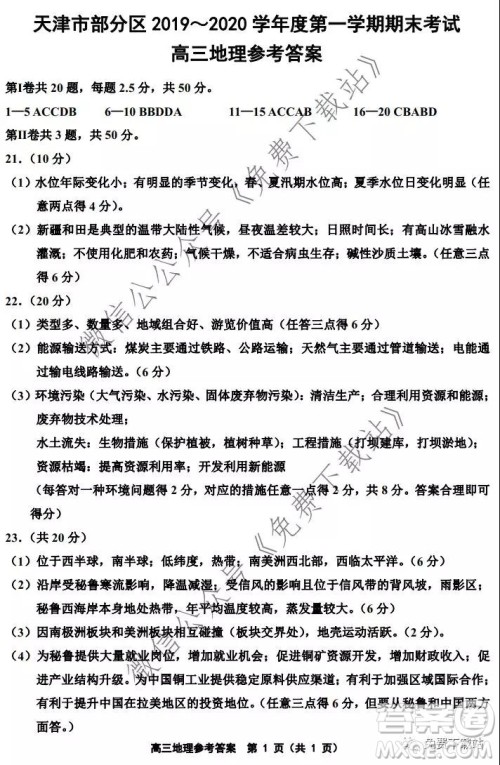 天津市部分区2019-2020学年高三第一学期期末考试地理答案 天津市部分区2019-2020学年高三第一学期期末考试地理答案