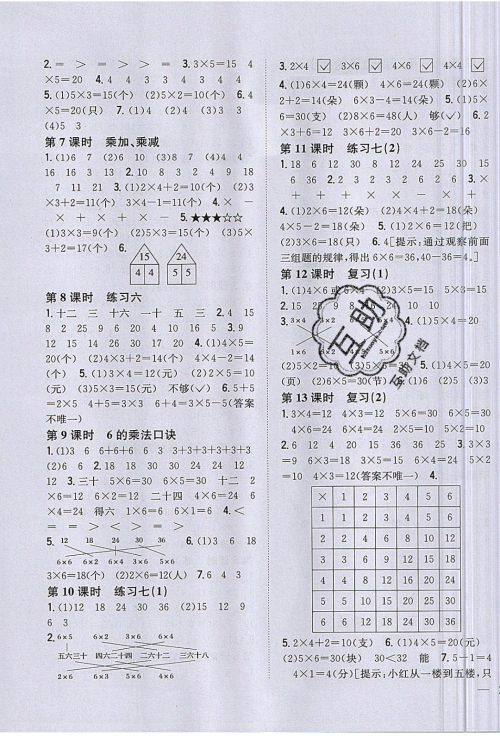 吉林人民出版社2019年全科王同步课时练习2年级上数学新课标江苏版参考答案