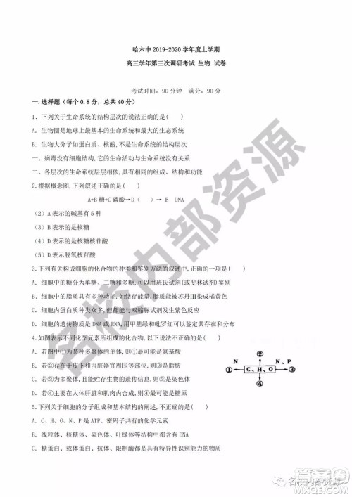 哈六中2019—2020学年度高三上第三次调研考试生物试卷及答案