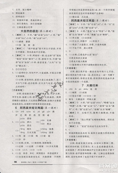 阳光出版社2020年全品基础小练习语文八年级下册人教版参考答案 阳光出版社2020年全品基础小练习语文八年级下册人教版参考答案