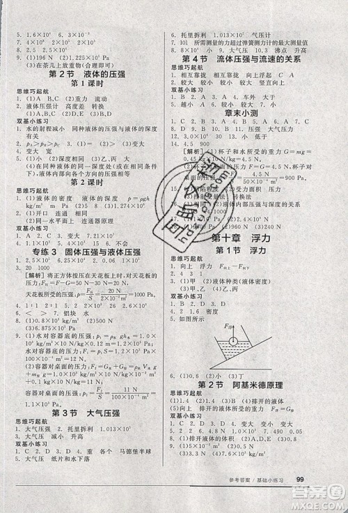 阳光出版社2020年全品基础小练习物理八年级下册人教版参考答案