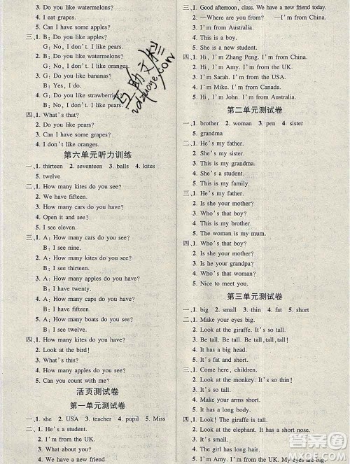 长江出版社2020创优作业100分导学案英语人教PEP版三年级下册参考答案 长江出版社2020创优作业100分导学案英语人教PEP版三年级下册参考答案