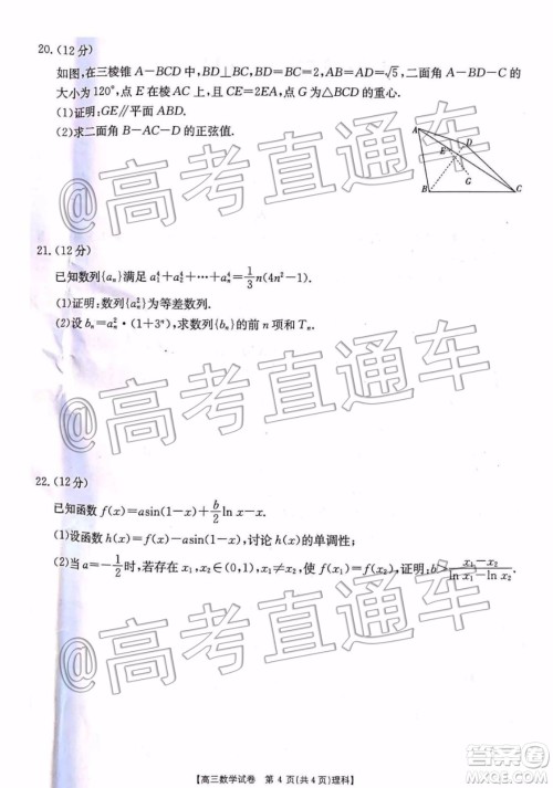 2020届湖南百所中学高三12月大联考理科数学试题及答案