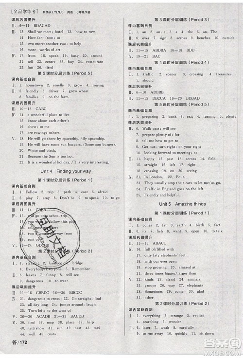 阳光出版社2020年全品学练考英语七年级下册新课标YLNJ译林牛津版答案