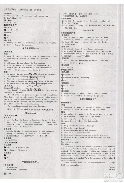 阳光出版社2020年全品学练考英语七年级下册新课标RJ人教版答案