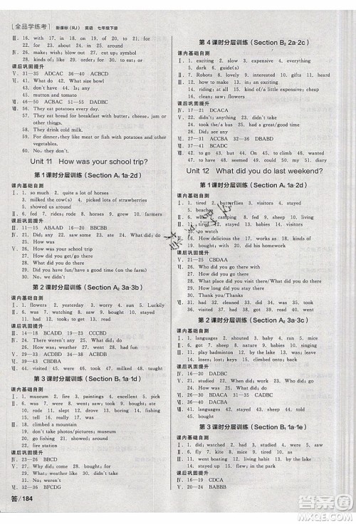 阳光出版社2020年全品学练考英语七年级下册新课标RJ人教版答案