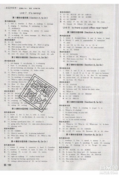 阳光出版社2020年全品学练考英语七年级下册新课标RJ人教版答案