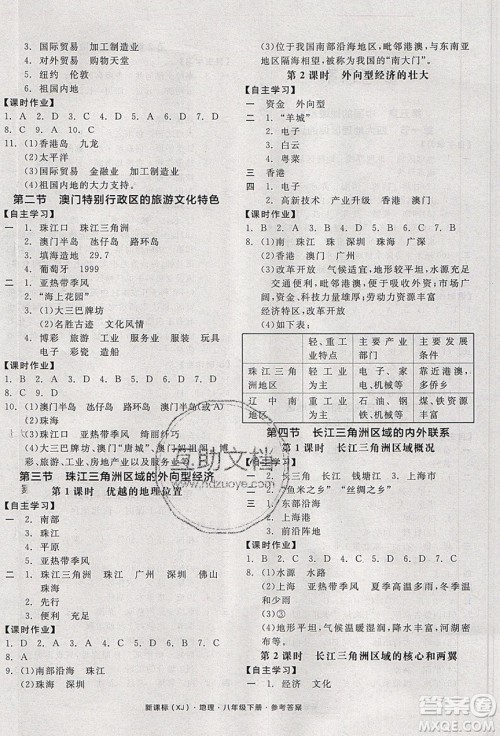 阳光出版社2020年全品学练考地理八年级下册新课标XJ湘教版答案