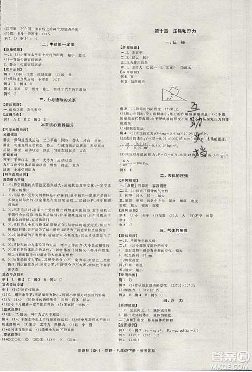 阳光出版社2020年全品学练考物理八年级下册新课标SK苏科版答案