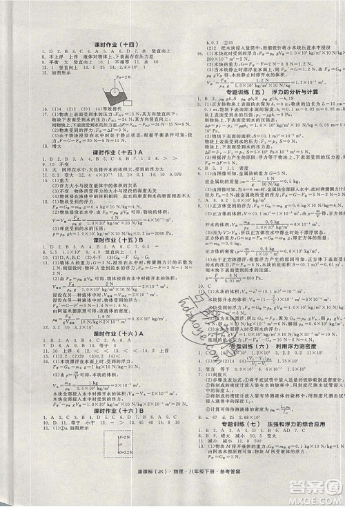 阳光出版社2020年全品学练考物理八年级下册新课标JK教科版答案