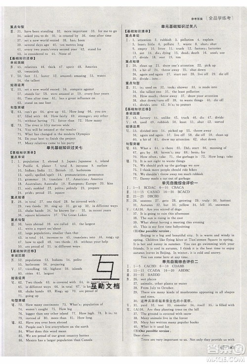 阳光出版社2020年全品学练考英语八年级下册新课标JJ冀教版答案