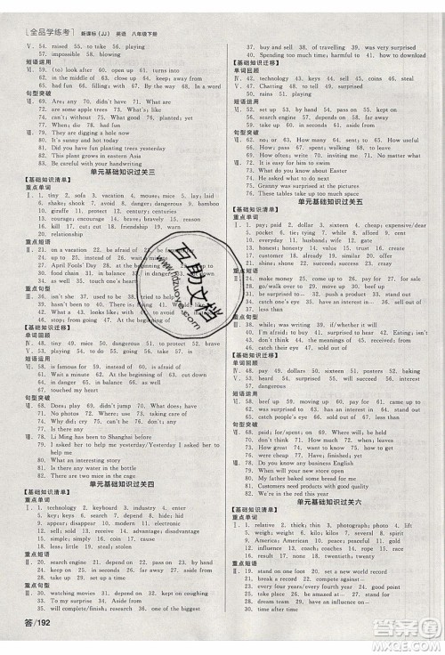 阳光出版社2020年全品学练考英语八年级下册新课标JJ冀教版答案