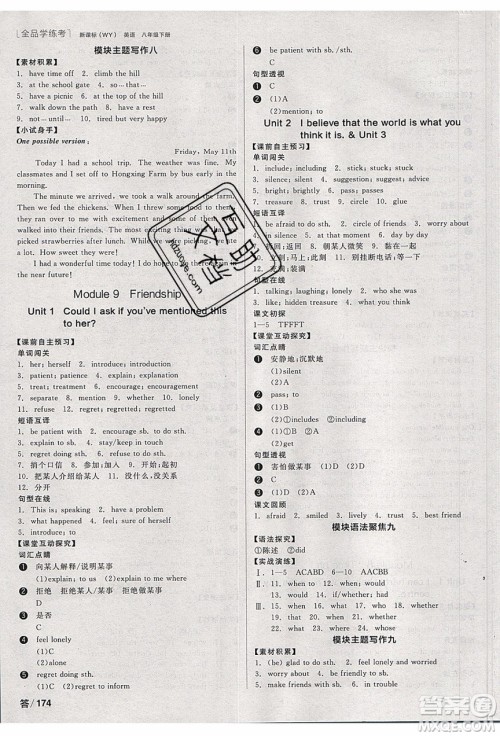 阳光出版社2020年全品学练考英语八年级下册新课标WY外研版答案