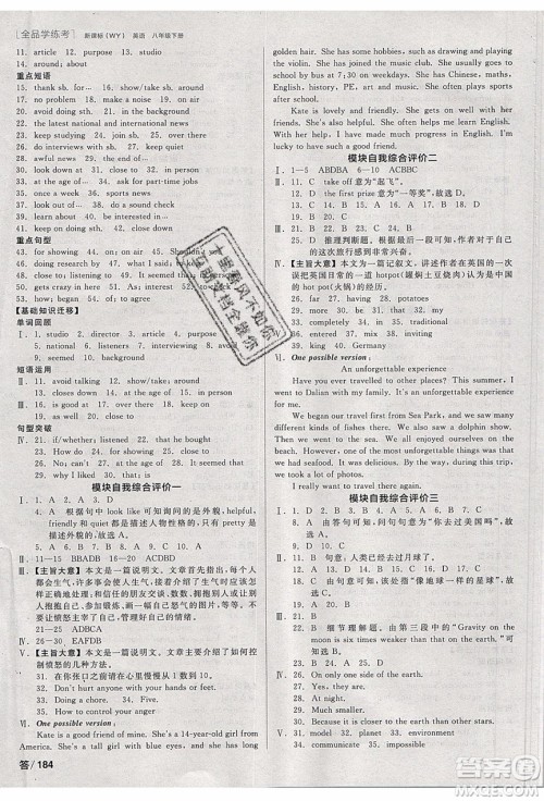 阳光出版社2020年全品学练考英语八年级下册新课标WY外研版答案