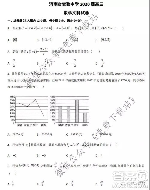 河南省实验中学2020届高三12月考试文科数学答案