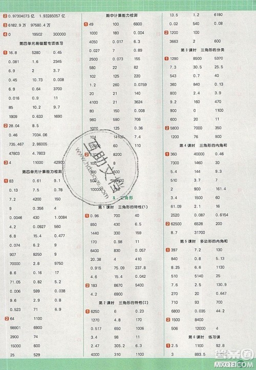 2020春阳光同学计算小达人四年级数学下册人教版答案 2020春阳光同学计算小达人四年级数学下册人教版答案