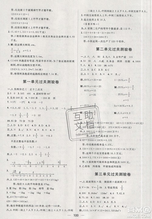 2020年阳光计划第一步六年级数学下册人教版答案