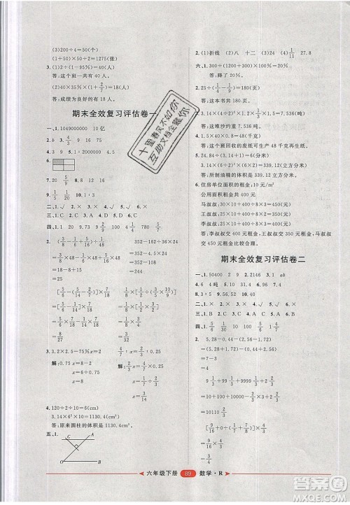 2020年阳光计划第二步六年级数学下册人教版答案