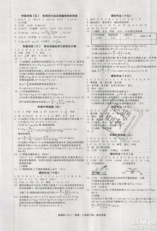 阳光出版社2020年全品学练考物理八年级下册新课标RJ人教版答案