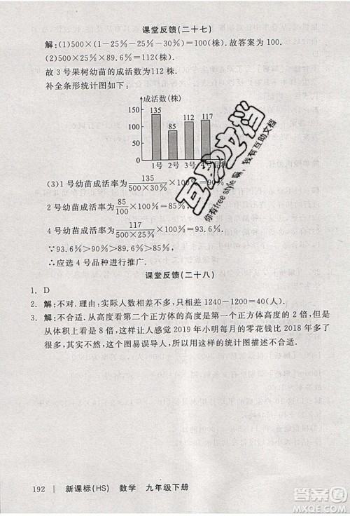 阳光出版社2020年全品学练考数学九年级下册新课标HS华师大版答案
