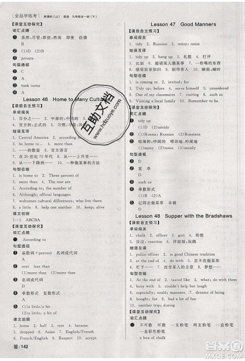 阳光出版社2020年全品学练考英语九年级下册新课标JJ冀教版答案