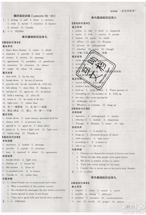 阳光出版社2020年全品学练考英语九年级下册新课标JJ冀教版答案