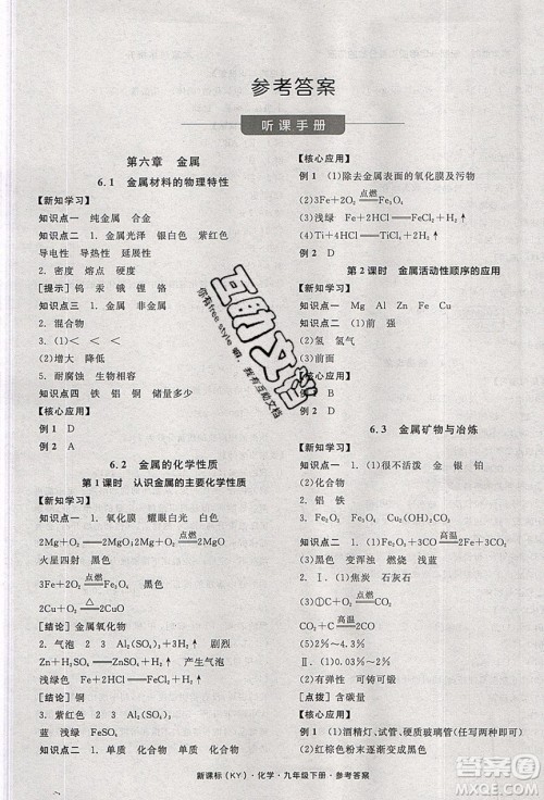 阳光出版社2020年全品学练考化学九年级下册新课标KY科粤版答案