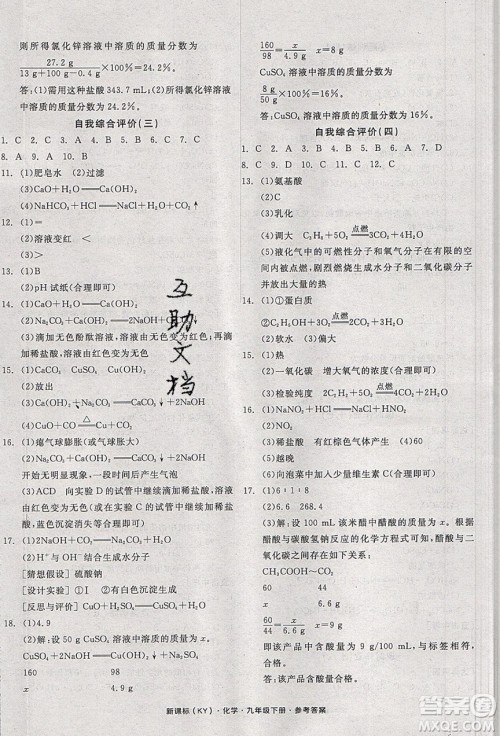 阳光出版社2020年全品学练考化学九年级下册新课标KY科粤版答案