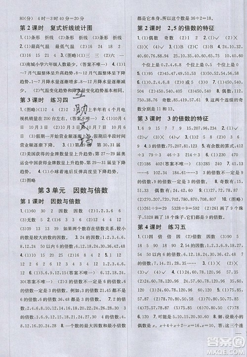 吉林人民出版社2020全科王同步课时练习五年级数学下册江苏版答案