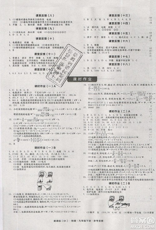 阳光出版社2020年全品学练考物理九年级下册新课标SK苏科版答案 阳光出版社2020年全品学练考物理九年级下册新课标SK苏科版答案