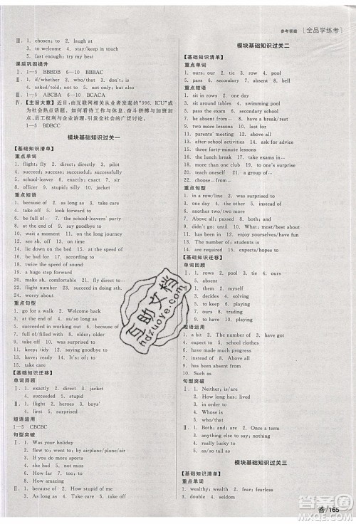 阳光出版社2020年全品学练考英语九年级下册新课标WY外研版答案