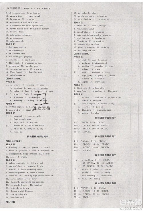 阳光出版社2020年全品学练考英语九年级下册新课标WY外研版答案