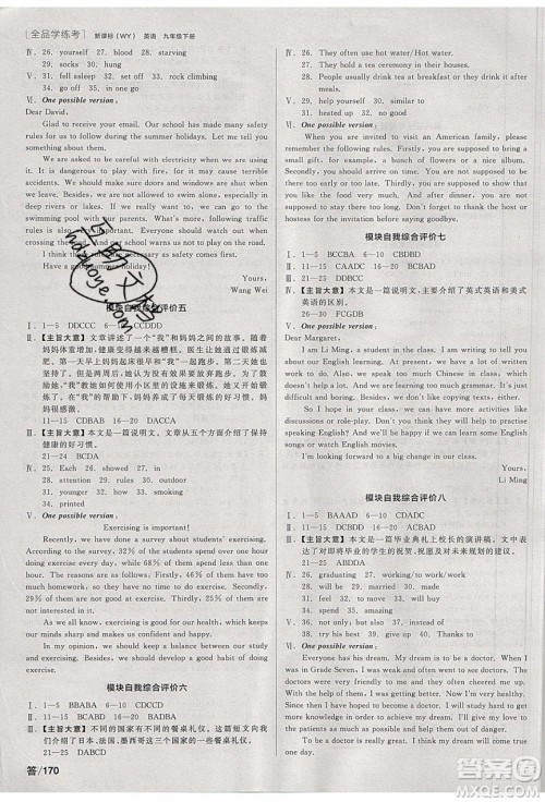 阳光出版社2020年全品学练考英语九年级下册新课标WY外研版答案