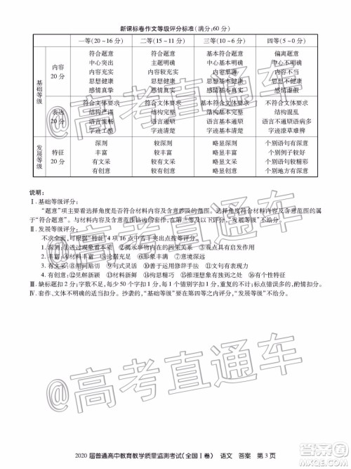 2020届百校联盟1月教学质监全国Ⅰ卷语文试题及参考答案