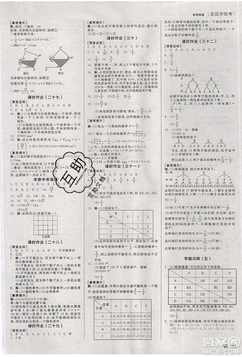 阳光出版社2020年全品学练考数学九年级下册新课标XJ湘教版答案