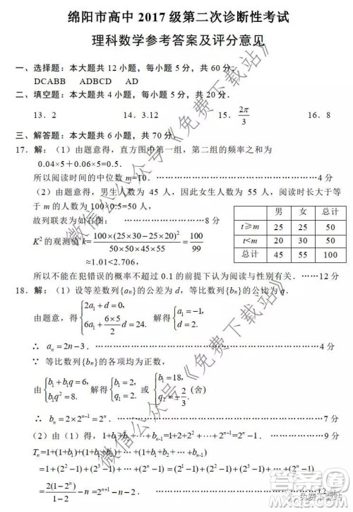绵阳市高中2017级第二次诊断性考试理科数学试题及答案