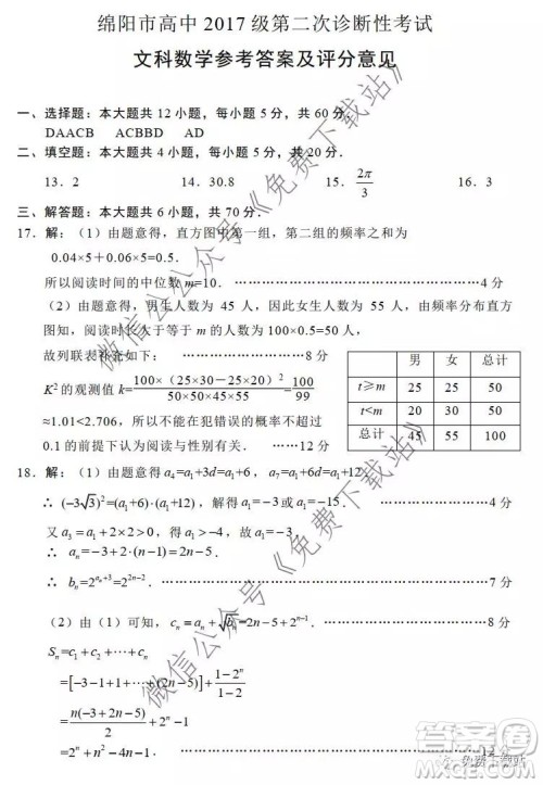 绵阳市高中2017级第二次诊断性考试文科数学试题及答案