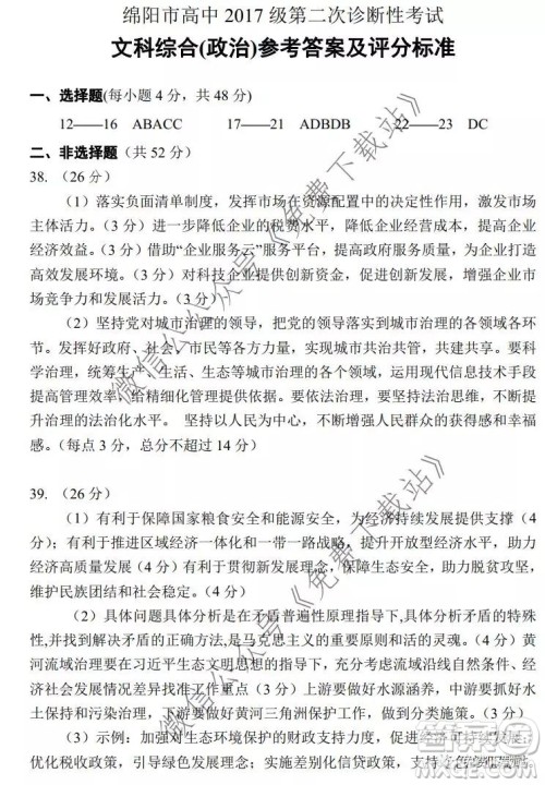 绵阳市高中2017级第二次诊断性考试文科综合答案 绵阳市高中2017级第二次诊断性考试文科综合答案