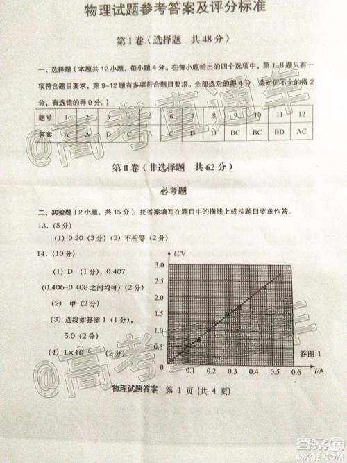 渭南市2020年高三教学质量检测一物理试题及答案