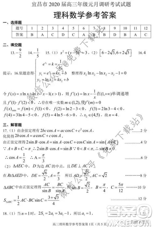 宜昌市2020届高三年级元月调研考试理科数学试题及答案