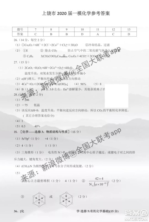 上饶市2020届第一次模拟考试理科综合答案 上饶市2020届第一次模拟考试理科综合答案