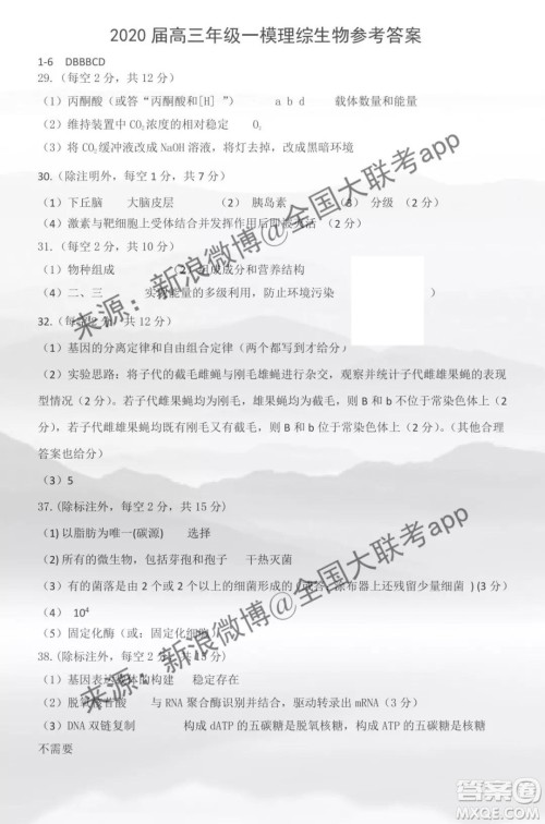 上饶市2020届第一次模拟考试理科综合答案 上饶市2020届第一次模拟考试理科综合答案