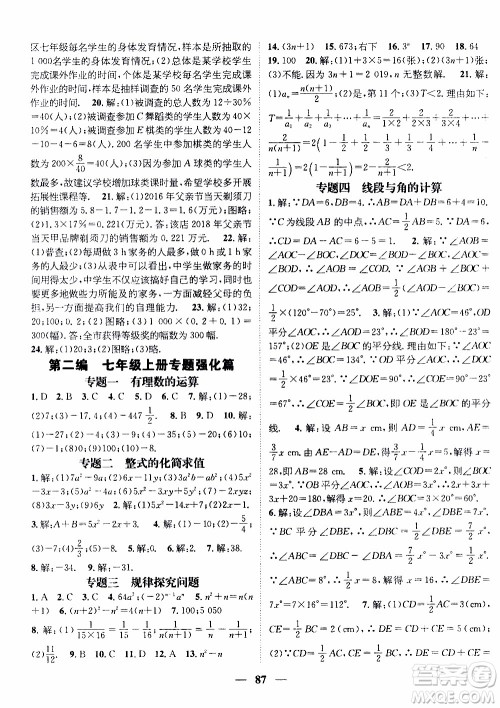 期末寒假培优衔接2020年期末冲刺王寒假作业数学七年级BS北师版参考答案