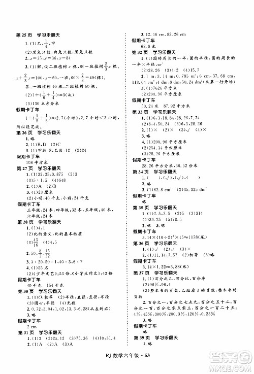 赢在起跑线2020年小学生快乐寒假数学六年级RJ人教版参考答案