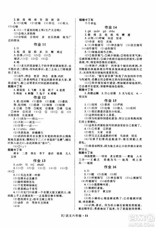 赢在起跑线2020年小学生快乐寒假语文六年级RJ人教版参考答案